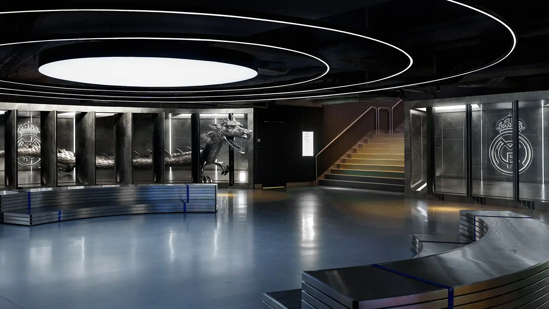 3D dragon projection and holographic vitrine showcasing Real Madrid jersey in immersive fan experience inside Santiago Bernabéu Stadium.