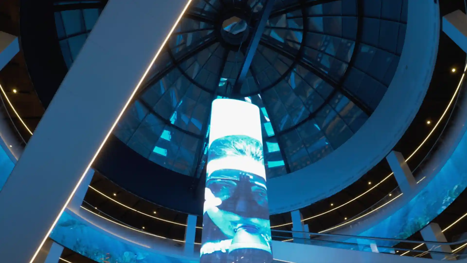 Large digital totem and immersive audiovisual content integrated into Diagonal Mar square.