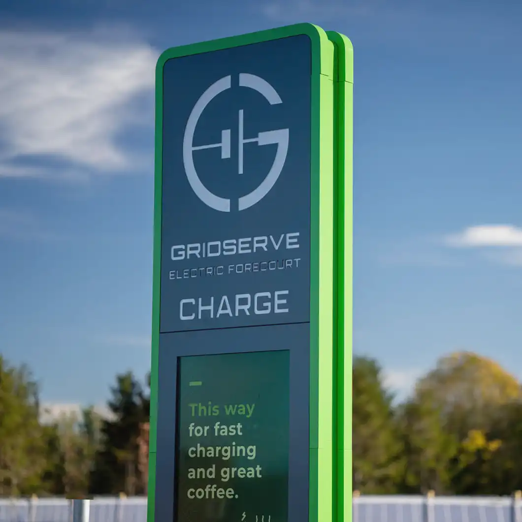 Exterior LED totem signage for navigation and visibility in GRIDSERVE’s Electric Forecourt®.