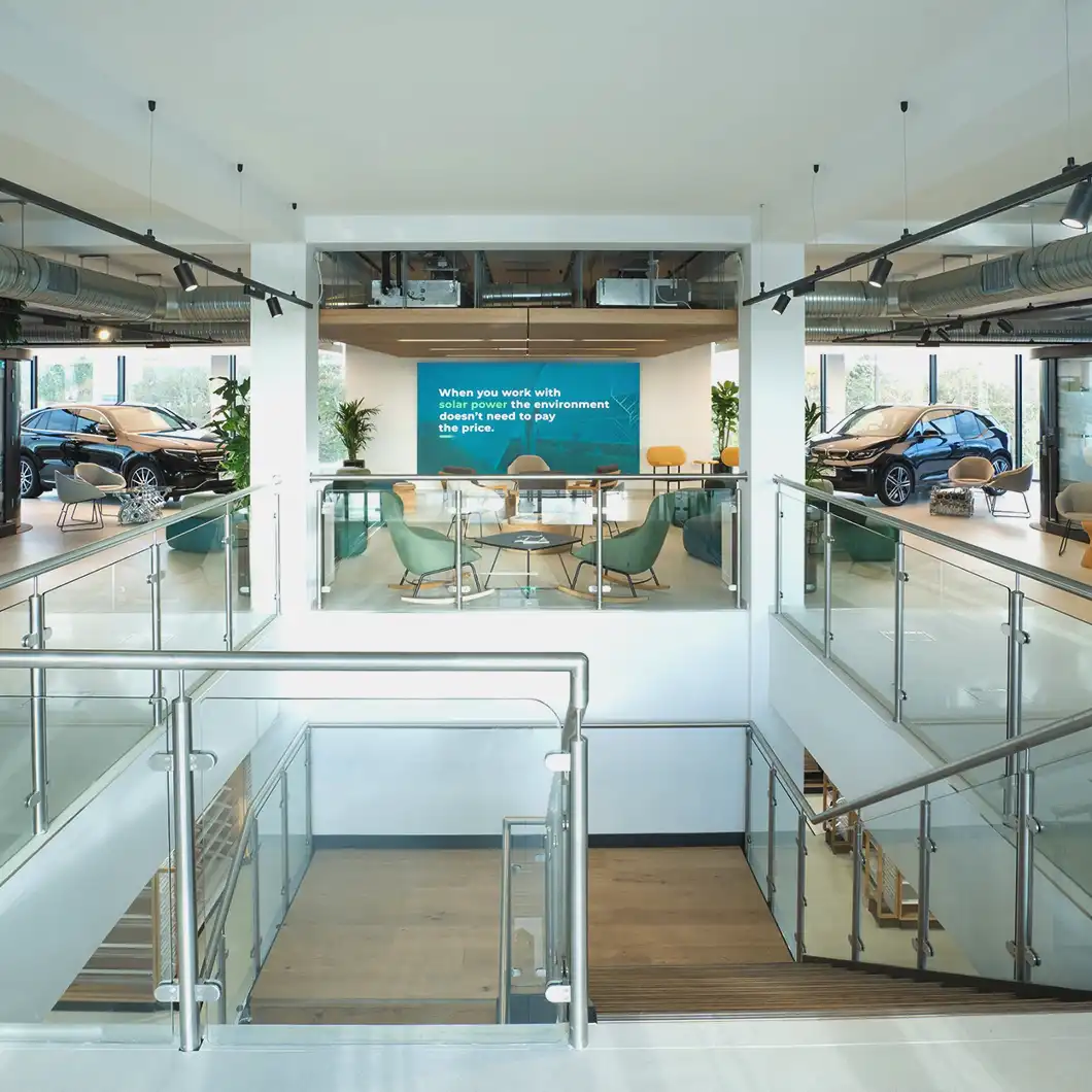 Interior wayfinding LED screen guiding visitors through the space.