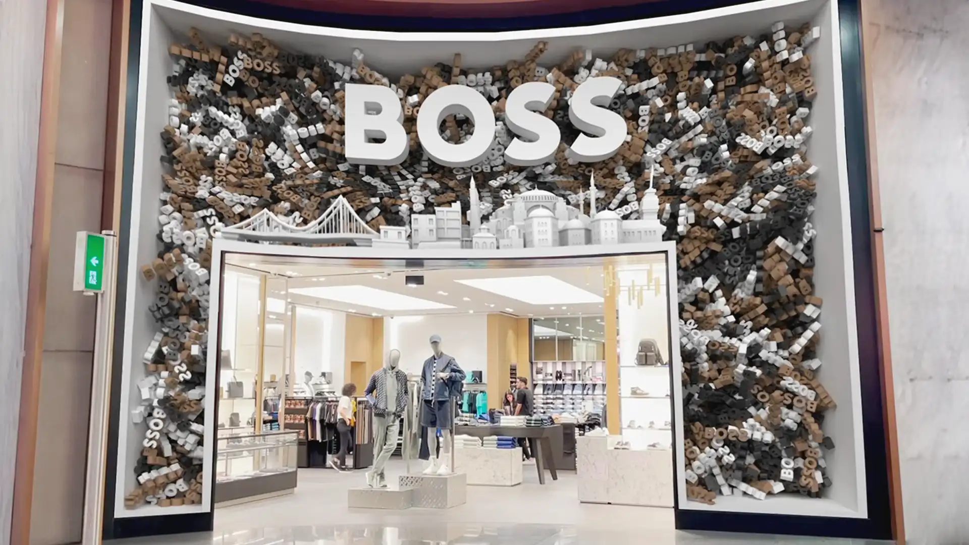 Digital skyline installation integrated with the Boss identity at Istanbul Airport, designed by TRISON.