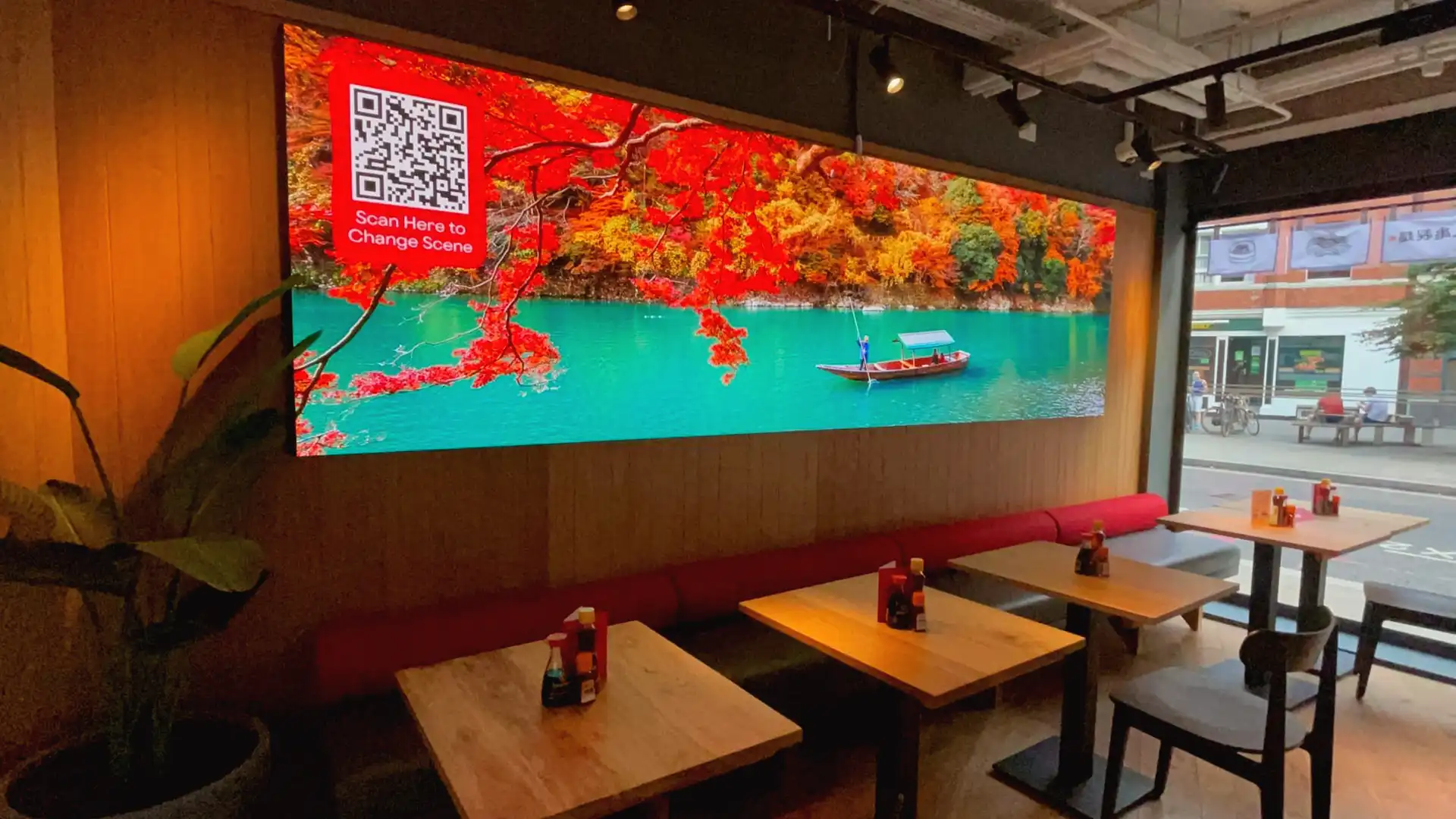 LED wall inside Marugame Udon London restaurant displaying Japanese-inspired visuals integrated by TRISON UK.