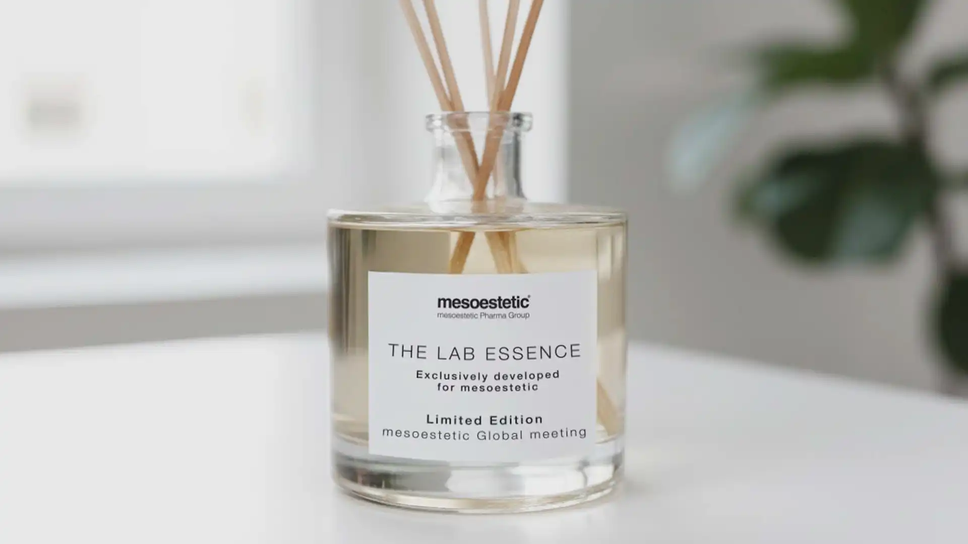 Minimalist bottle of Mesoestetic’s corporate mikado created by TRISON, inspired by laboratory design.